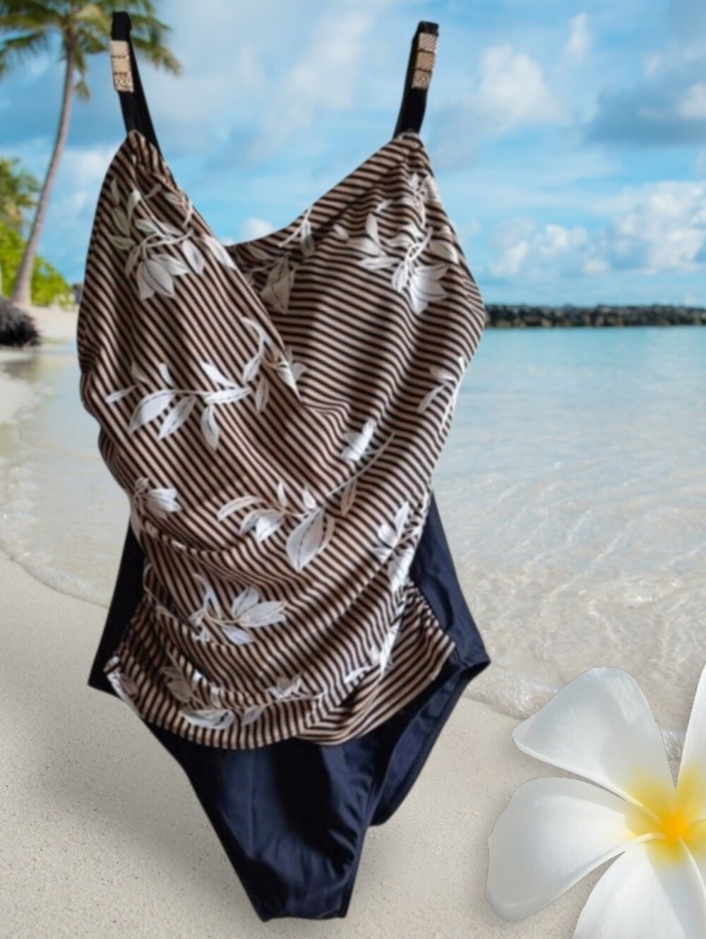 12 👙 Max Cocos Brown White Black Floral One Piece Swimsuit